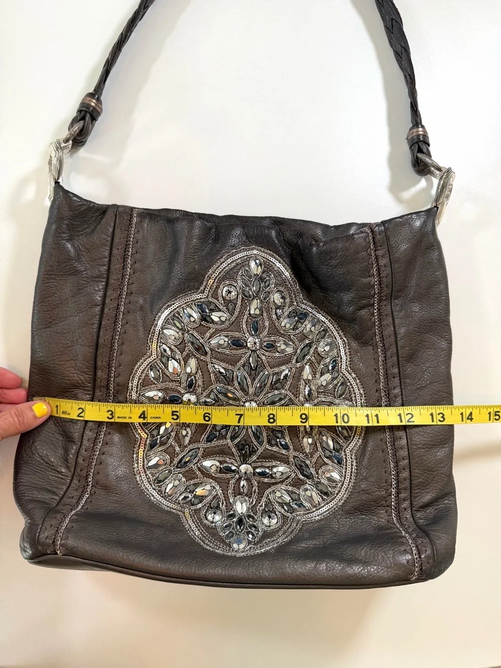 Brighton Anju Masterpiece Collection Pewter Leather Jeweled Shoulder Hobo Bag